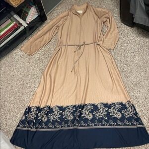 Vintage 70s Tan and Navy print long sleeve belted Maxi boho Dress